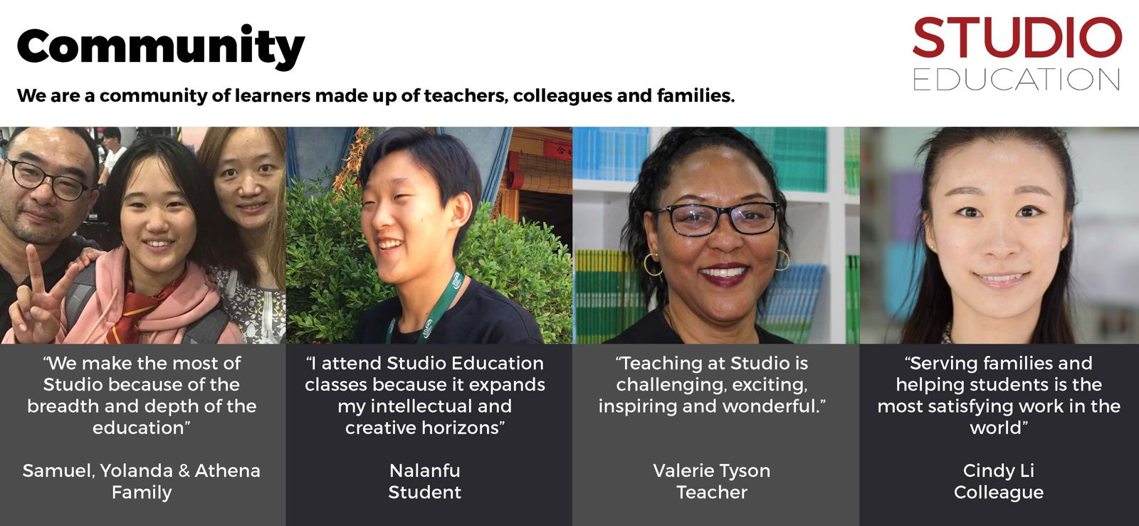 Community: four portraits with quotations from a family, a student, a teacher and a colleague, from Studio's 2018 introduction