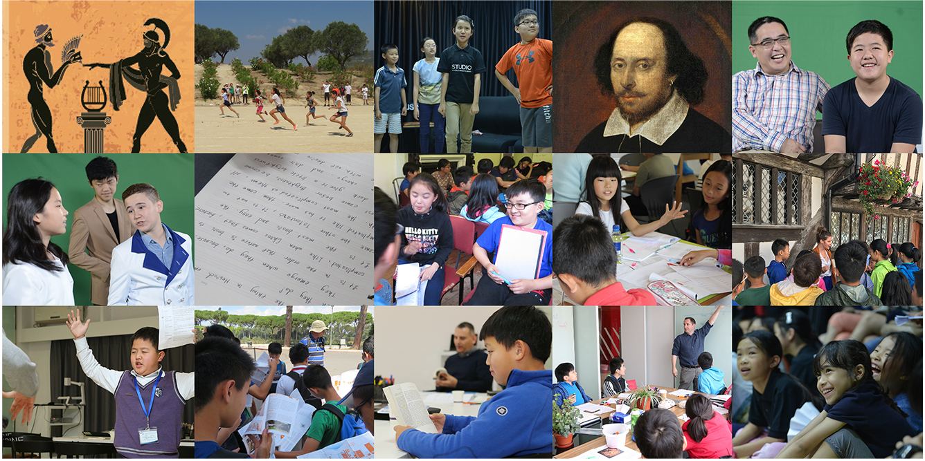 A grid of photographs from Studio's 2018 banner: students on stage, at round tables, on study tours, reading, laughing